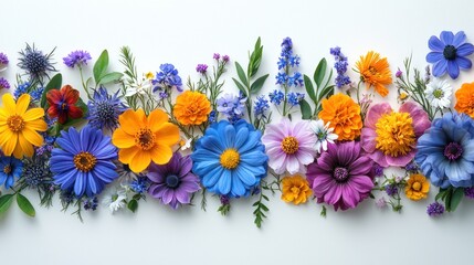 Vibrant colorful flowers arranged on white ground