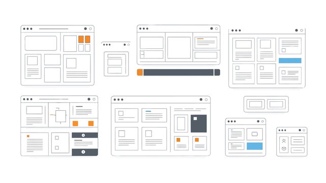 Collection of minimalist website and mobile interface wireframe designs on white background