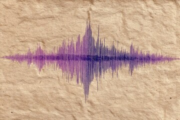 Textured paper displays a vibrant purple and blue sound wave visualization