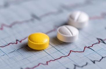 Three colorful pills rest on a medical graph displaying vital signs