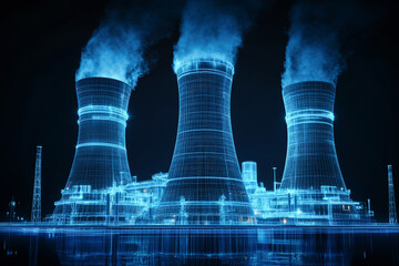 A digital illustration depicts a nuclear power plant featuring blue glowing holograms of smoke stacks and towers
