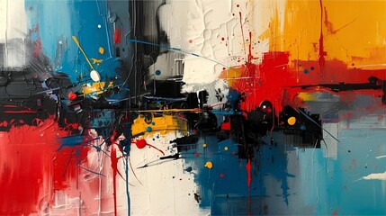 Abstract Painting With Bold Color Blocks And Dynamic Splashes In Blue Red Yellow Black White