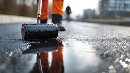 Worker applies black sealant to a wet road surface with a roller