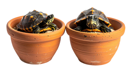 Two turtles with patterned shells rest in terra cotta flower pots