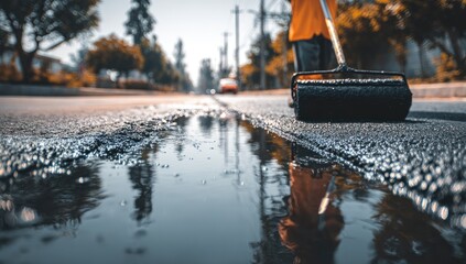 Close-up of road repair roller smoothing asphalt with water puddles