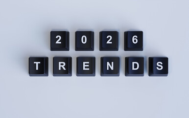 2026 Trends Concept with 3D Black Keyboard Keys on Light Background, Future Technology and Business Forecast