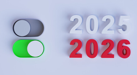 3D Toggle Switch Changing from 2025 to 2026 on Minimal Background &ndash; New Year Transition and Future Concept