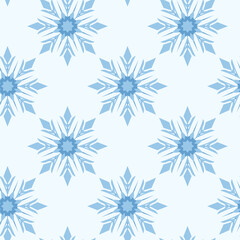 Snowflakes seamless pattern. Repeating tile in blue color. Blizzard, falling snowflakes, snowfall. Vector print template