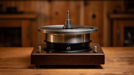 A vintage spinning hine with a metallic disc and wooden base sits on a polished wooden table