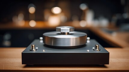 A focused view of a sleek metallic precision device with a hexagonal adjustment knob resting on a wooden surface