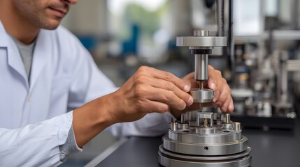 A scientist in a lab coat meticulously adjusts a complex mechanical instrument in a modern research facility