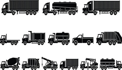 Commercial truck silhouette collection in black and white, cargo, tanker, dump, and utility vehicles for logistics and transportation design © Chopon