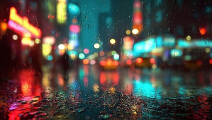 Rainy city street at night, blurred neon lights reflecting on wet pavement