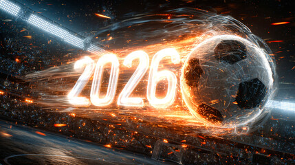 Naklejka premium Bright neon numbers display 2026 as a soccer ball soars through the air, leaving trails of sparks in a stadium during a New Year's Eve celebration