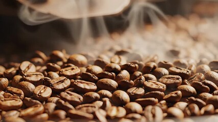 Closeup shot of freshly roasted coffee beans with delicate steam rising highlighting the rich texture and inviting aroma of a perfect brew ready for grinding and enjoying a warm invigorating cup.
