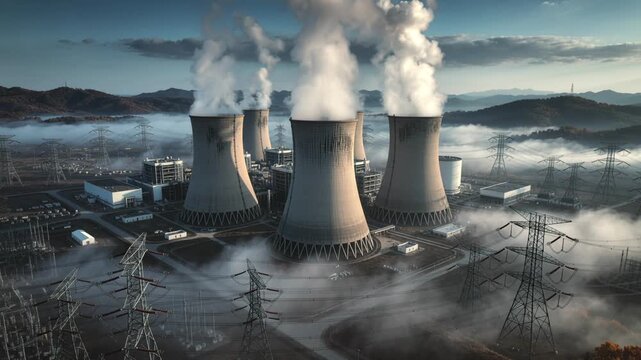 Aerial view of energy complex with cooling towers, transformers, power lines.