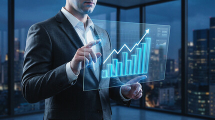Businessman interacts with a cutting-edge holographic display, visualizing powerful growth data and financial charts for strategic business planning and future success