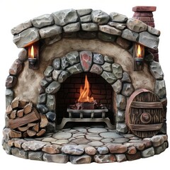 Obraz premium Cozy stone fireplace burning with small wooden door and torches providing warm light