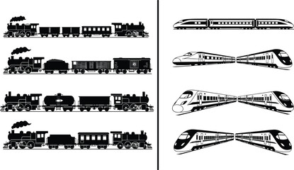 Steam and high speed train silhouette collection showing vintage locomotives and modern bullet trains for railway transportation design © Chopon
