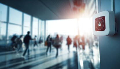 Security alert button with lock symbol in a modern, sunlit public transit area