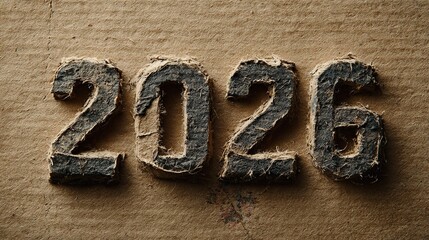 A close-up of the handmade paper sculpture "2026," made on recycled cardboard, shows visible paper fibers, natural imperfections, and warm, soft earth tones, complemented by gentle shadows.