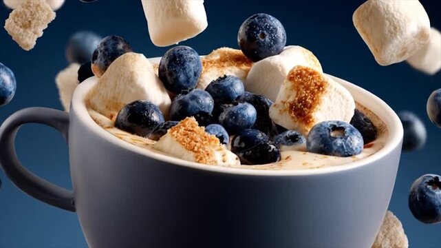 Delicious cup of beverage with marshmallows and fresh blueberries