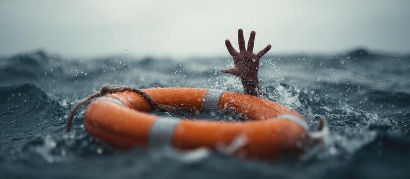 A hand reaches out from rough ocean water towards a life preserver