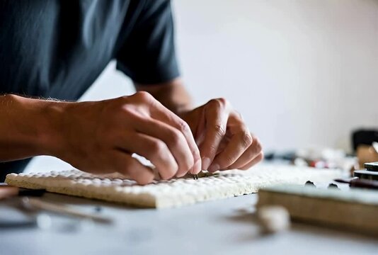 Hands of artist carefully placing tiny miniature figures on white textured base for architectural model or dioramas creating small scale scene with extreme precision