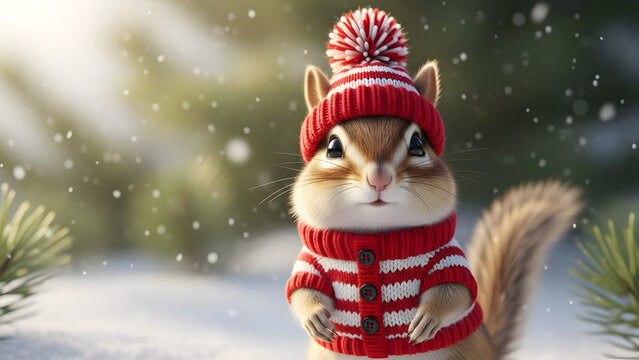 A cute chipmunk wearing a festive red winter outfit