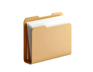 A beige folder, partially open, revealing a stack of white papers