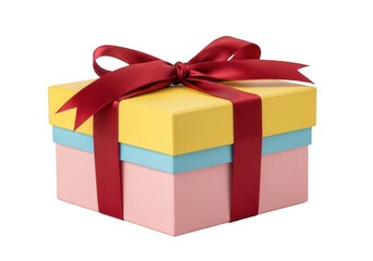 Obraz premium Colorful gift box with a bright red satin ribbon and bow, isolated on transparent background for celebration and surprise concepts
