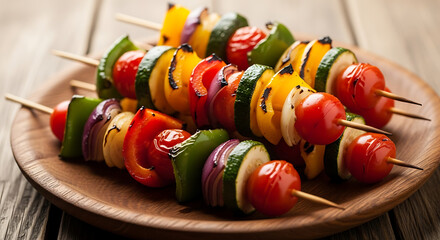 Grilled vegetable skewers on a wooden plate close up view