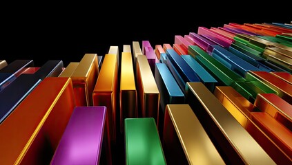 Abstract metallic bars in vibrant colors rise and fall against a dark background