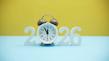 A white alarm clock displaying the year two thousand twenty six