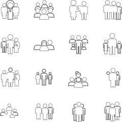 A collection of 16 simple line drawings depicting various business and professional scenes