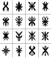 Collection of 16 unique abstract black silhouettes arranged in four rows