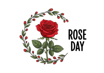 Hand drawn illustration of a single red rose with green leaves and berries forming a wreath shape next to the text rose day, isolated on transparent background