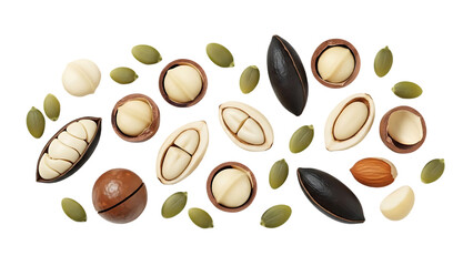 Obraz premium A delightful arrangement of mixed nuts and seeds scattered on a black background isolated on transparent background