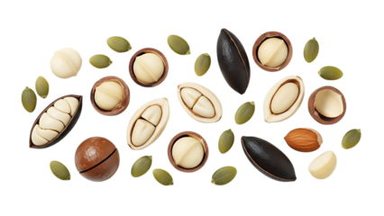 A delightful arrangement of mixed nuts and seeds scattered on a black background isolated on transparent background