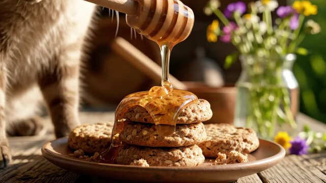 Honey pouring onto stacked oatmeal cookies with a cat observing nearby