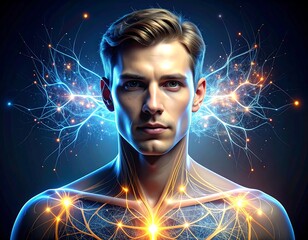 Digitally enhanced portrait of a man with glowing energy patterns
