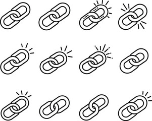 A pattern of interconnected chain links with sunburst effects on a white background


