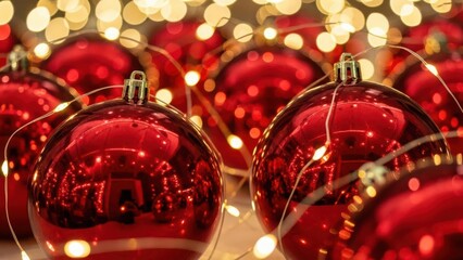 Beautiful red christmas ornaments with sparkling lights