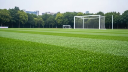 Beautiful green soccer field with goalposts