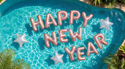 Happy New Year. Top view of rose-gold metallic letter balloons and silver star-shaped balloons in swimming pool.	
