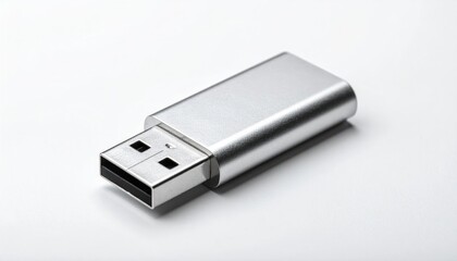 Silver USB Flash Drive on White Background for Data Storage.