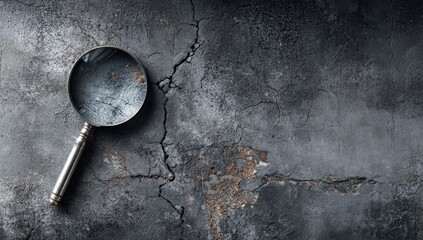 Magnifying glass over cracked rough textured surface, highlighting detailed imperfections