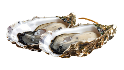 Two open oysters showcasing creamy flesh on a black background