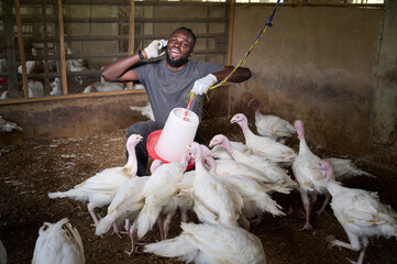 Young African male poultry farmer crouching inside an indoor turkey farm, smiling while talking on a mobile phone and adjusting a hanging feeder as white turkeys gather around him.