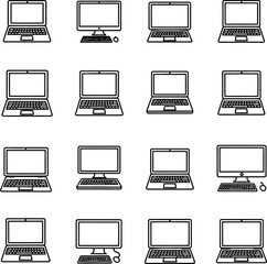 A collection of various laptop computer illustrations in black and white